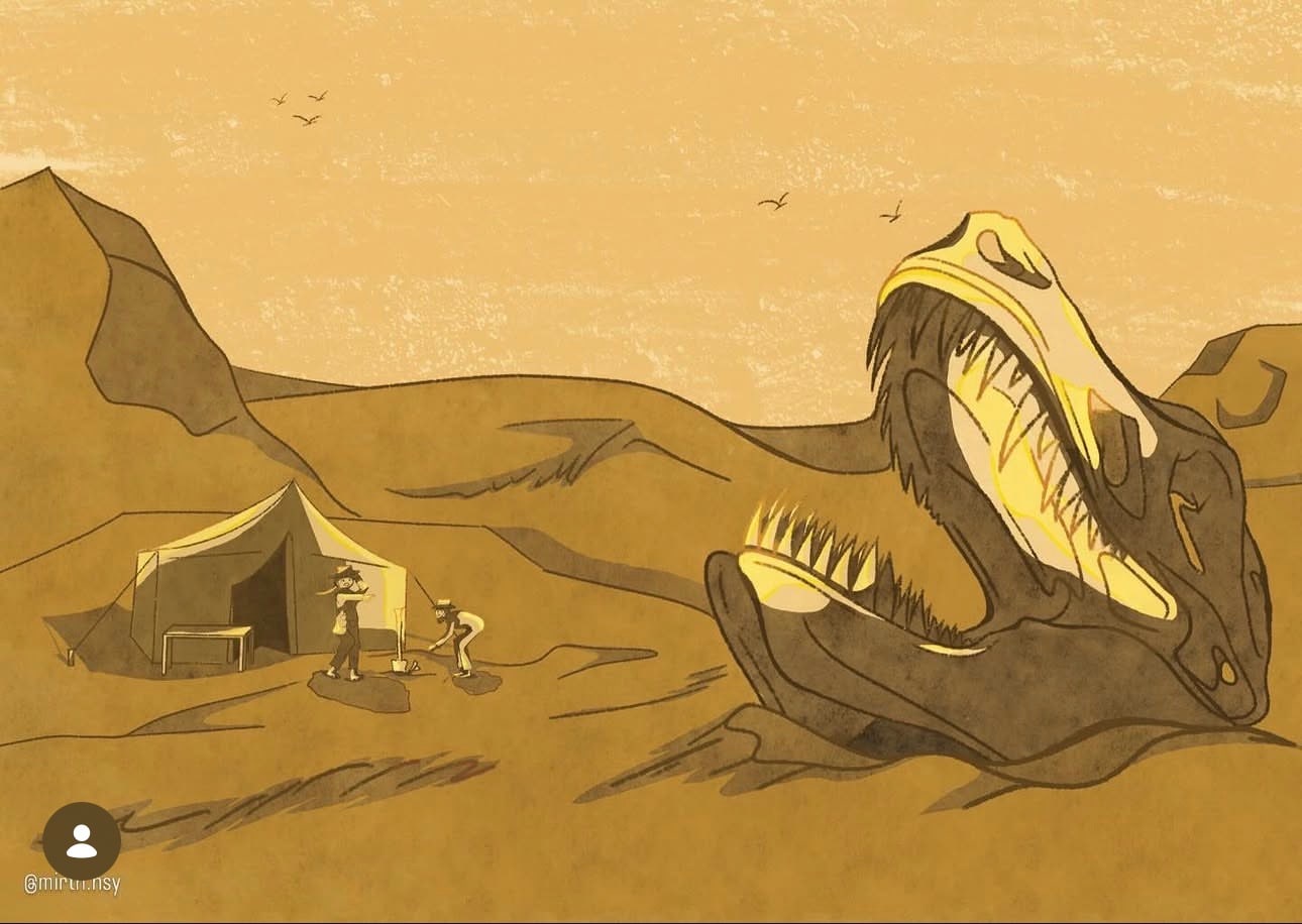 Illustration in sandy tones: a giant T. rex skull half-buried in the desert beside two palaeontologists and a tent