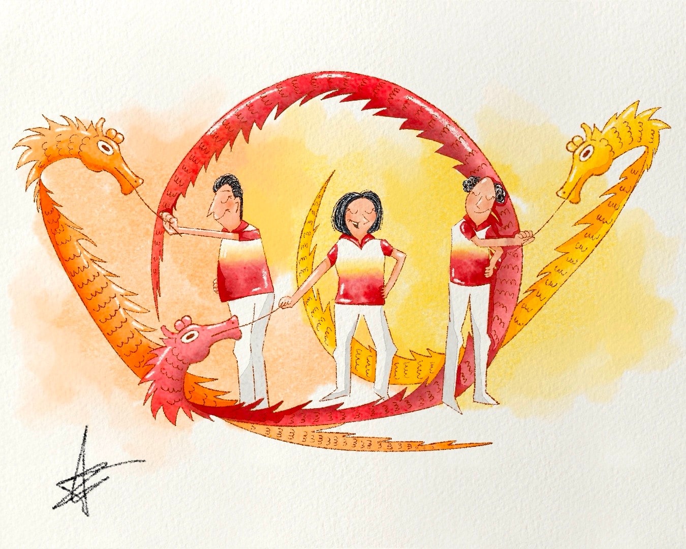 Watercolour-style illustration of three performers in red and white twirling long orange, red and yellow dragon ribbons