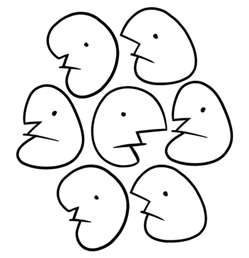 Line drawing of seven simple bean-shaped heads facing different ways, each with a dot eye and a zigzag mouth