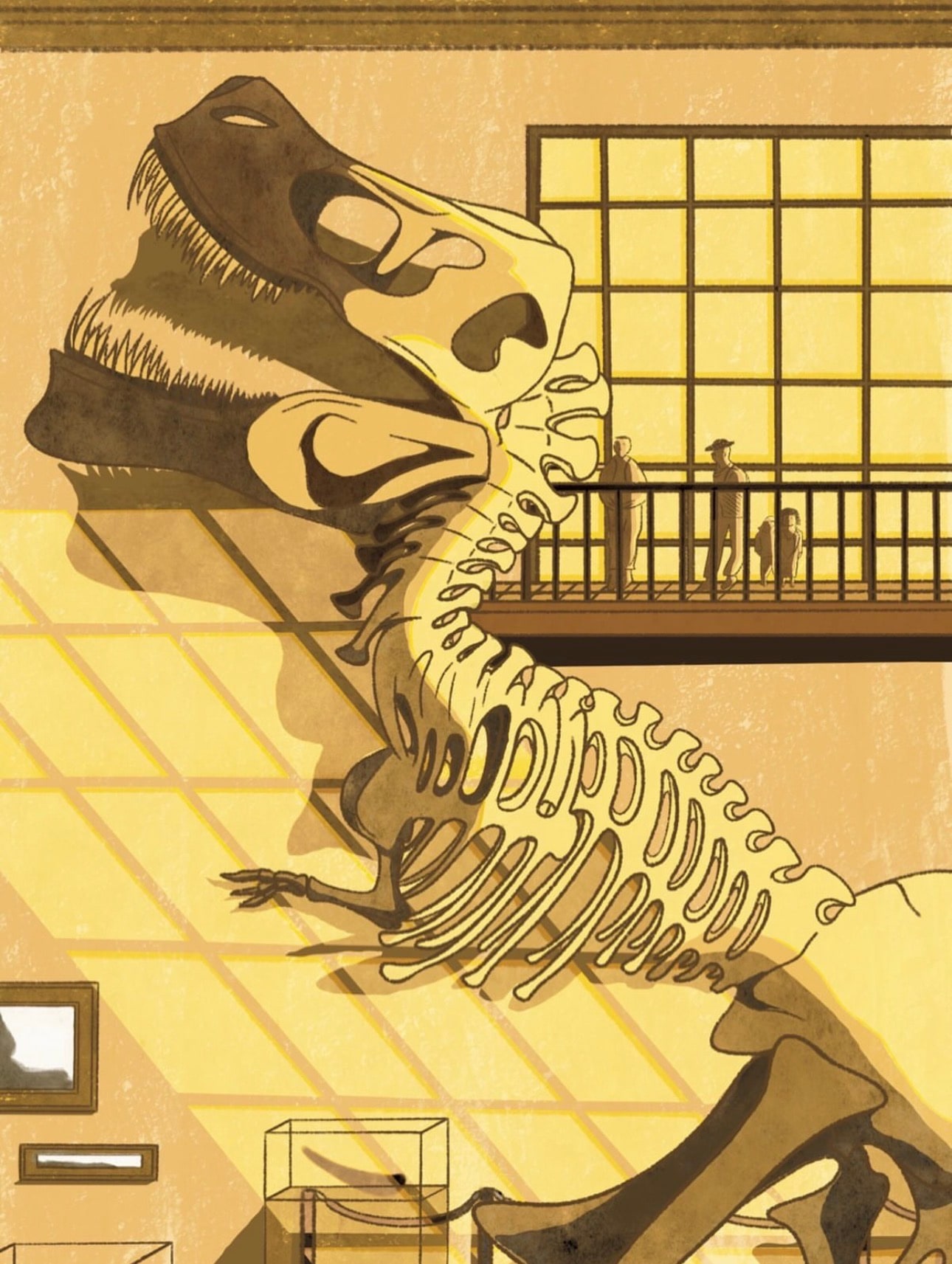 Illustration in warm yellows and browns: a T. rex skeleton in a museum hall, sunlight through a grid window, visitors on a balcony