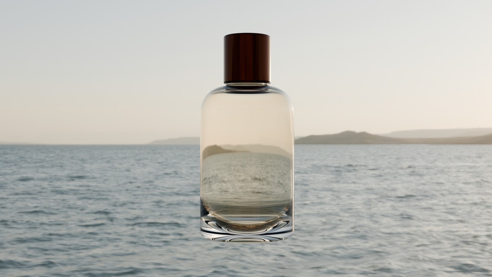 Render of a clear glass perfume bottle with a dark wooden cap, floating over a calm sea at dusk