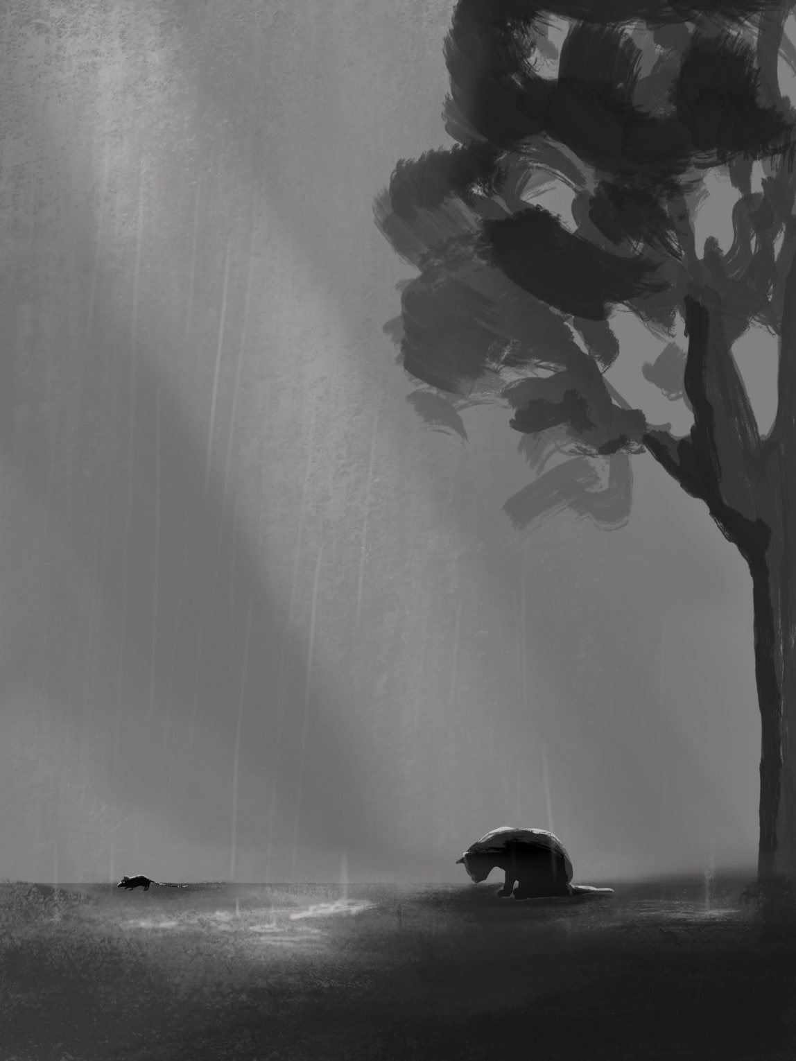 Greyscale digital painting: a cat sits with its head bowed beneath a tall tree in heavy rain while a small mouse runs across the ground