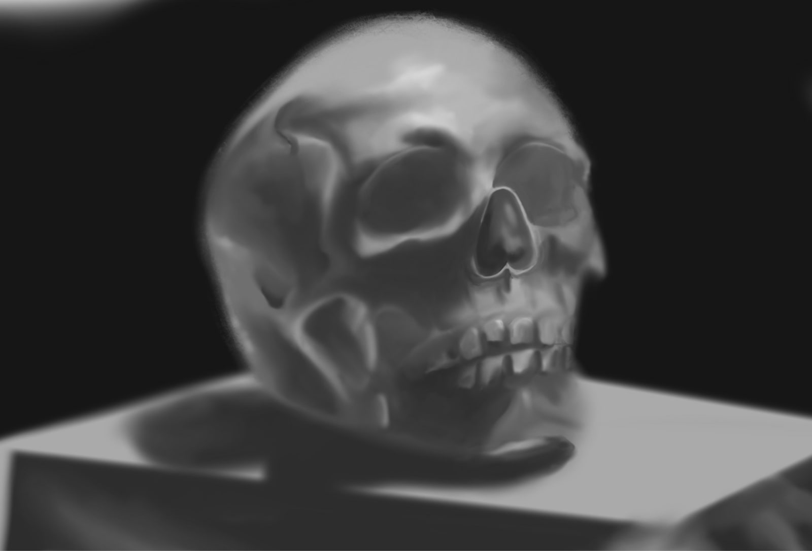 Greyscale digital painting of a human skull resting on a block against a dark background