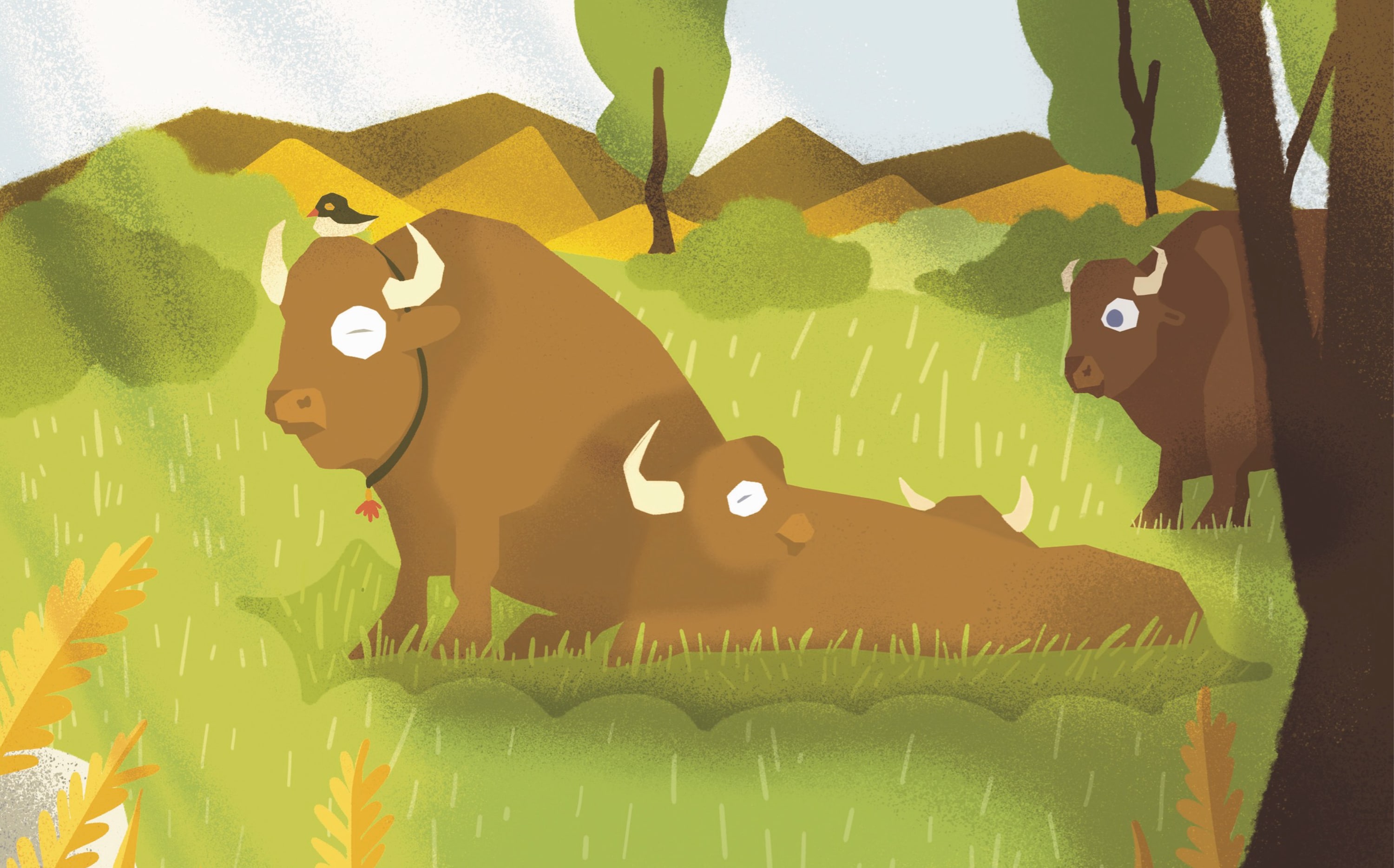 Low-poly illustration of bisons resting in a green meadow, a small bird perched on one's head, with hills and trees behind