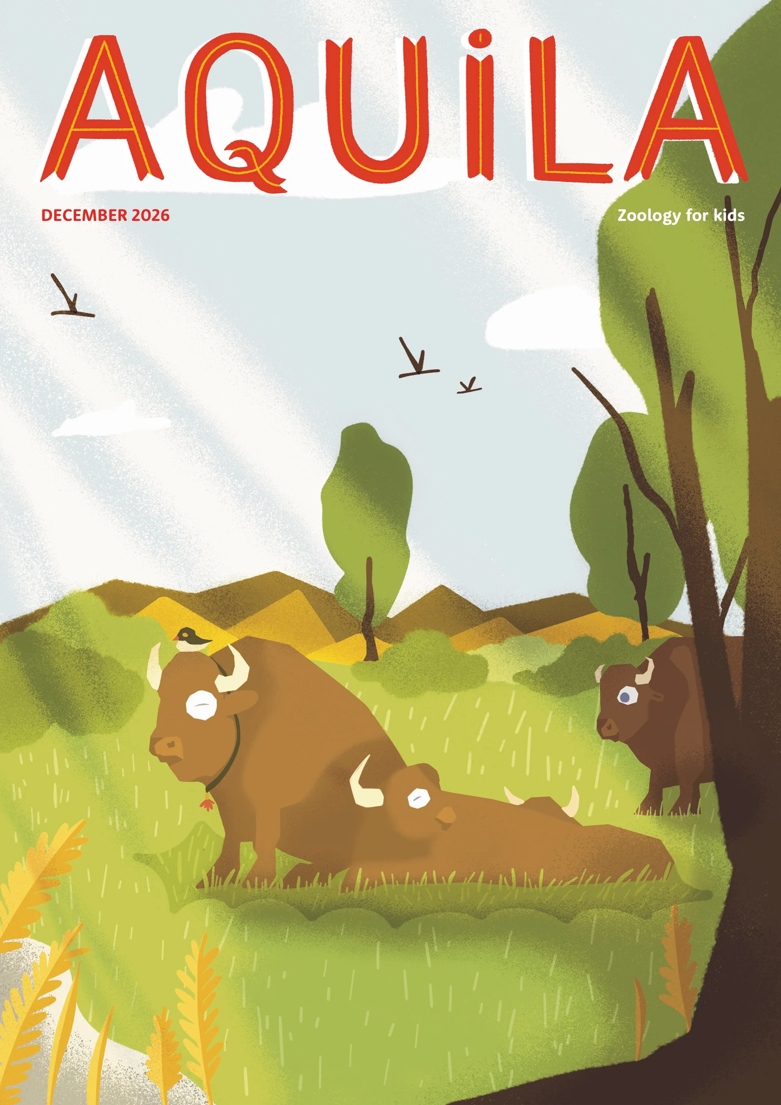 AQUILA magazine cover, December 2026, Zoology for kids: low-poly bisons resting in a sunlit meadow with hills and trees behind
