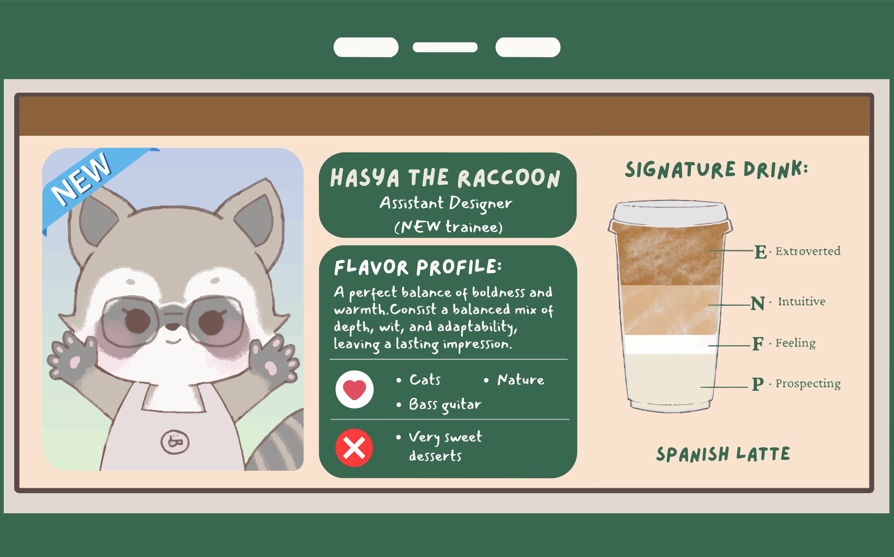 Profile card styled like a café menu: an illustrated raccoon in glasses, “Hasya the Raccoon, Assistant Designer”, a flavour profile, likes and dislikes, and a layered Spanish latte as the signature drink