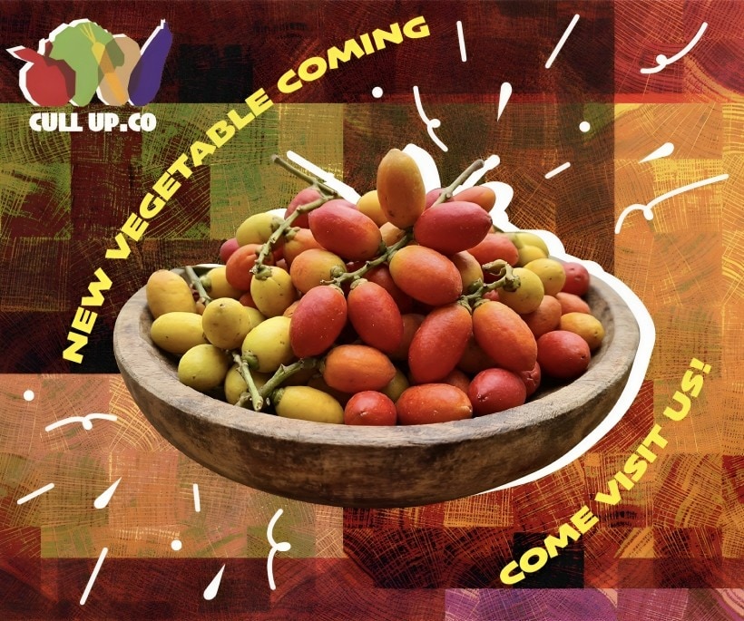 Square ad: ‘New vegetable coming — come visit us!’ with a bowl of melinjo on the woodgrain mosaic