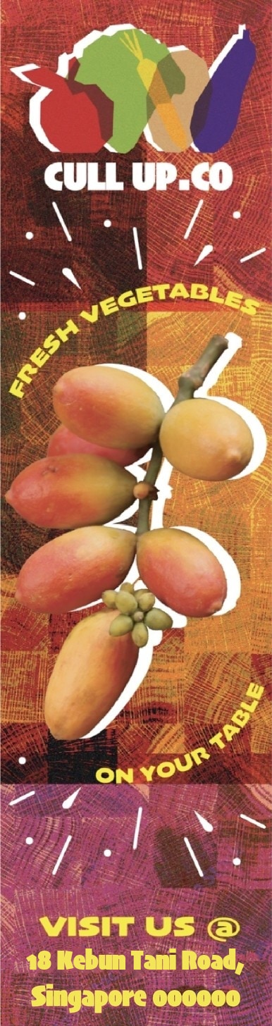 Tall skyscraper ad: ‘Fresh vegetables on your table — visit us @ 18 Kebun Tani Road’