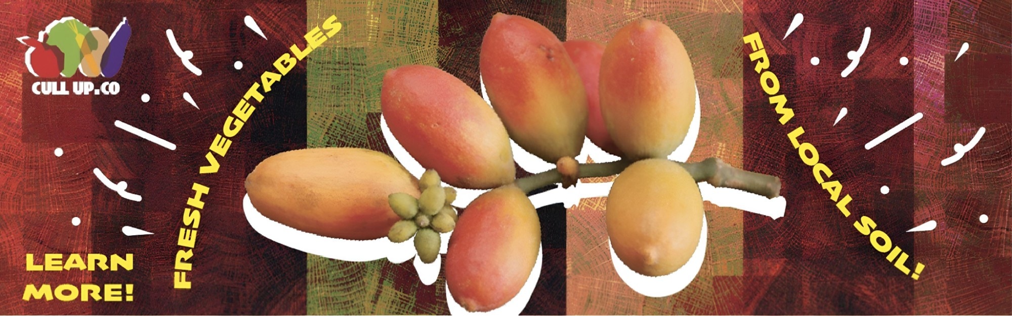 Wide banner ad: ‘Fresh vegetables from local soil! Learn more!’ with a sprig of melinjo