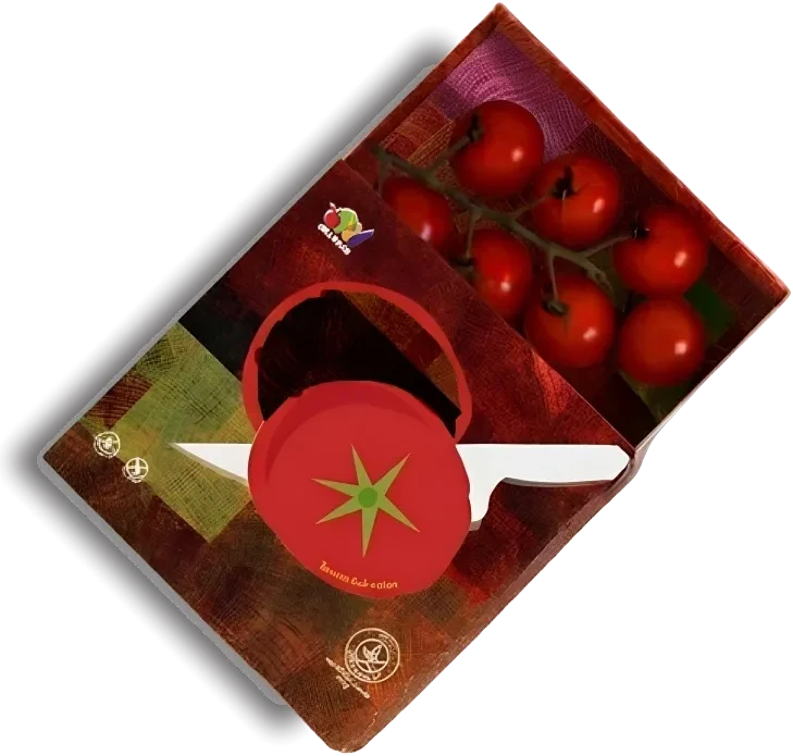 Cherry tomato box, opened: a die-cut window above the tomato flap shows the tomatoes inside