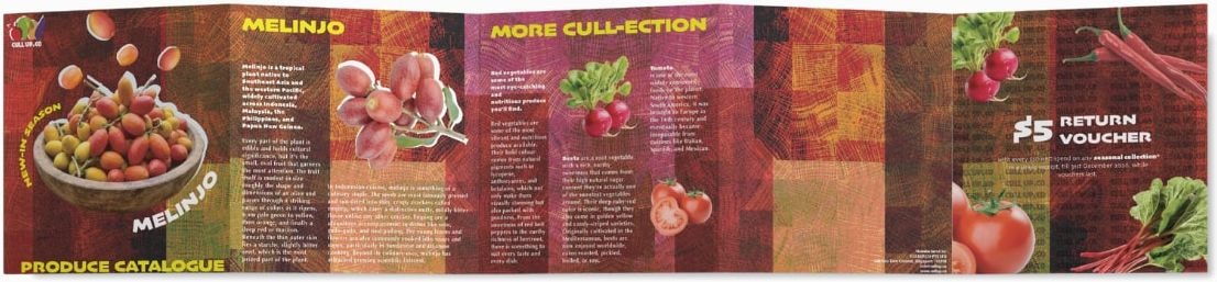 Produce catalogue brochure: an accordion fold-out with ‘Melinjo’, ‘More cull-ection’ and a perforated $5 return voucher on the woodgrain mosaic