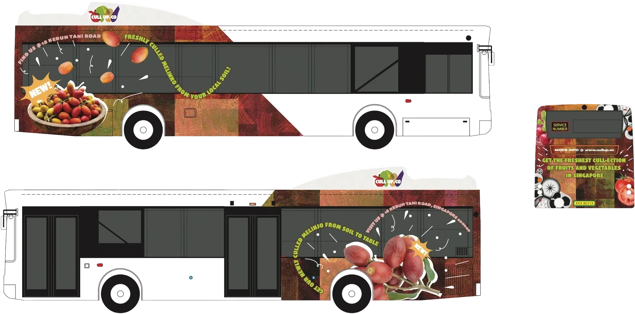 Bus wrap: both sides and the back of a bus in the woodgrain mosaic, with melinjo fruit and ‘Freshly culled melinjo from your local soil!’