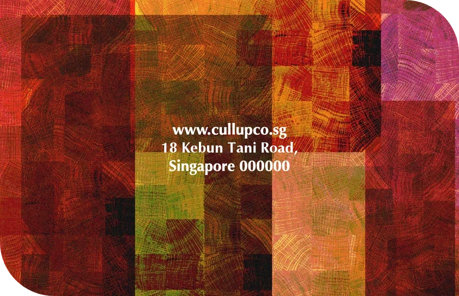 Business card back: website and address on the woodgrain mosaic, with one rounded corner