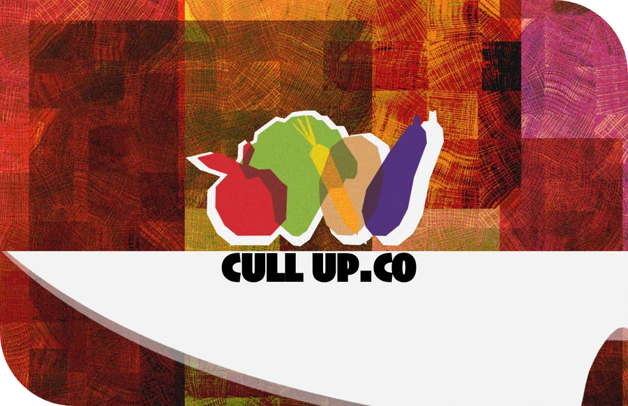 Business card front: the CULL UP.CO logo on a knife over the woodgrain mosaic, with one rounded corner