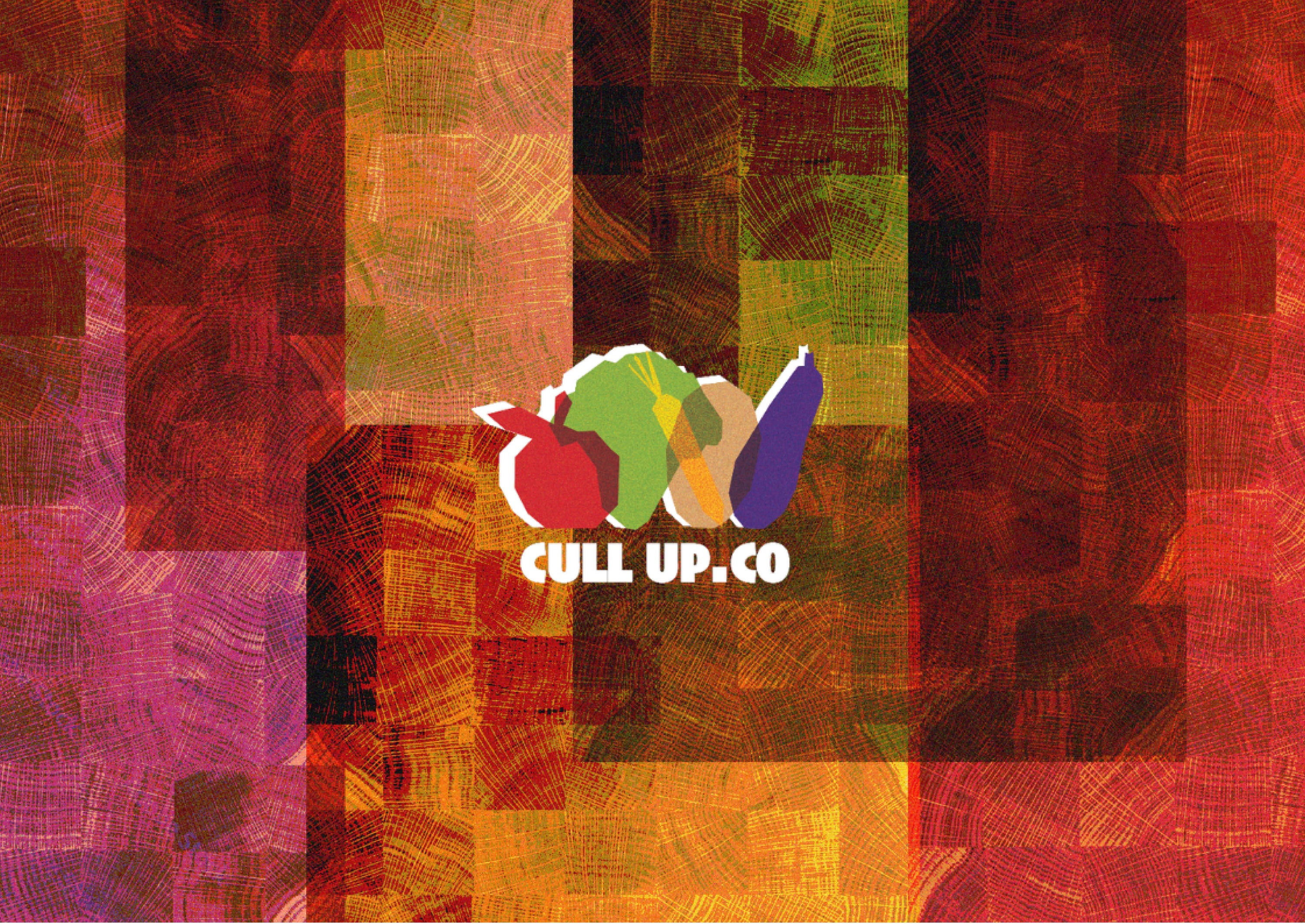 CULL UP.CO logo — an apple, cabbage, carrot, potato and eggplant — on a warm red and orange woodgrain mosaic