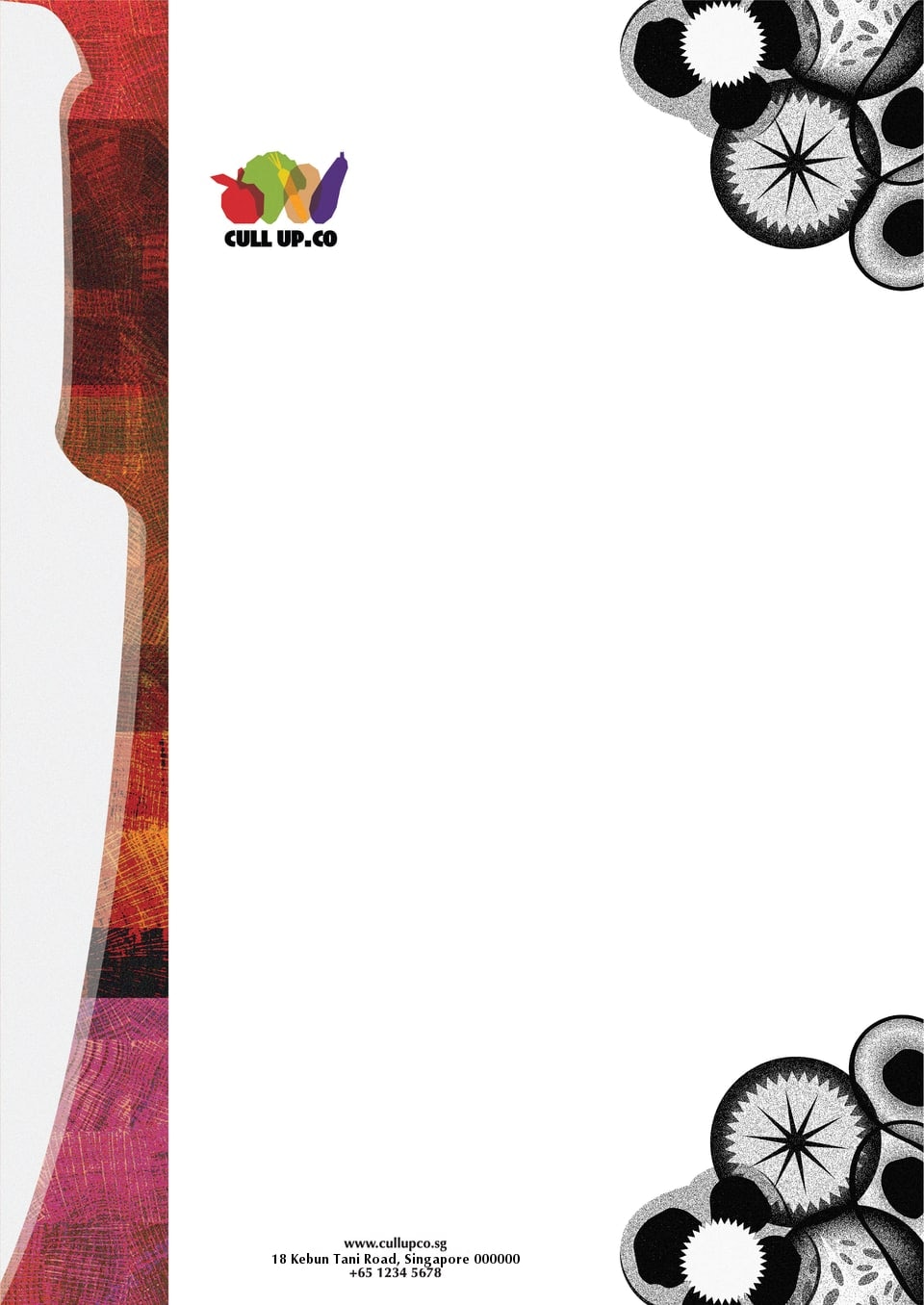 Letterhead: a cutting-board shaped strip of woodgrain down the left, logo at the top, vegetable slices in the corners