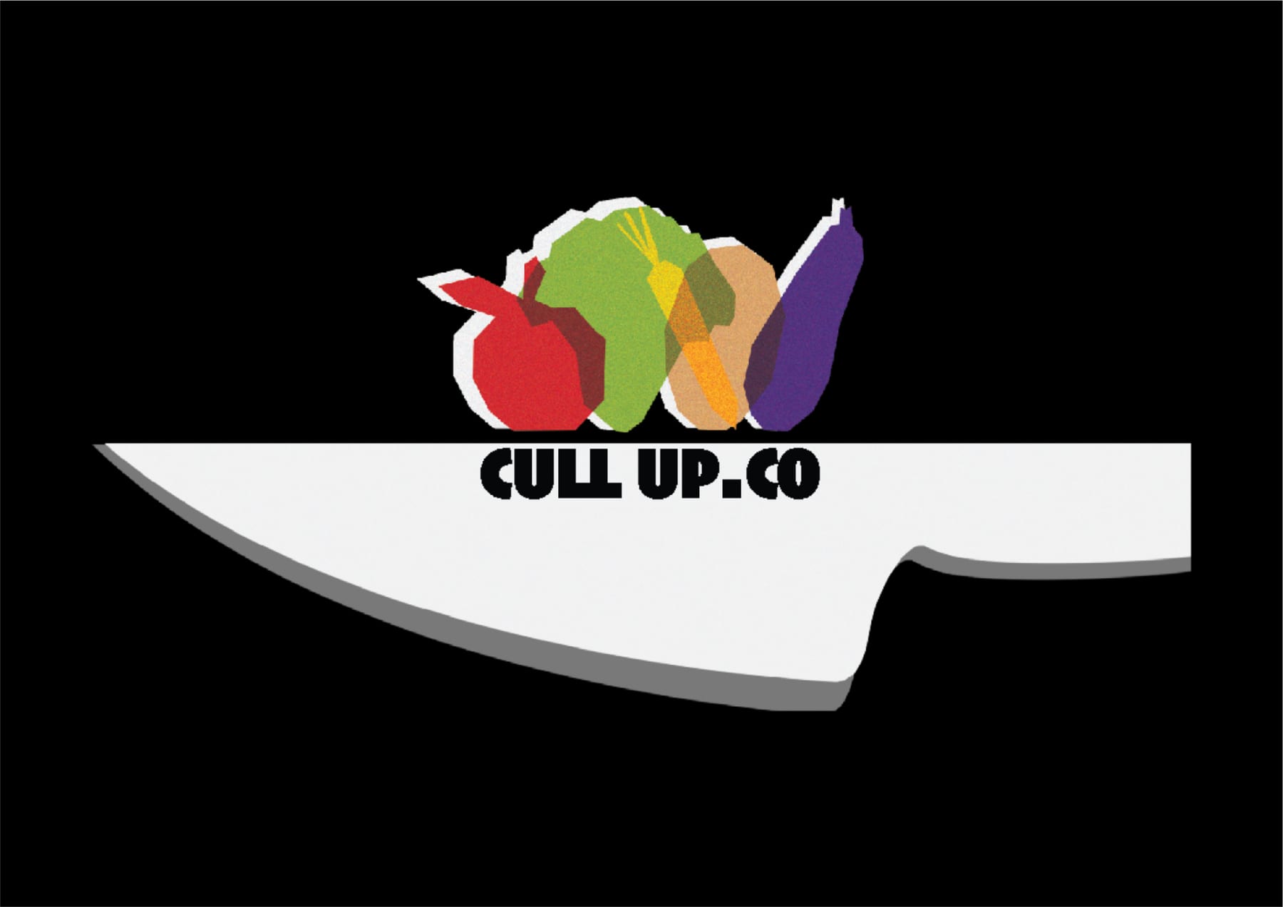 CULL UP.CO logo variation with the wordmark set on a kitchen knife blade, on black