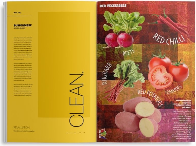 Magazine spread: a yellow ‘Clean.’ page beside a ‘Red vegetables’ page of beets, red chilli, rhubarb, tomatoes and red potatoes