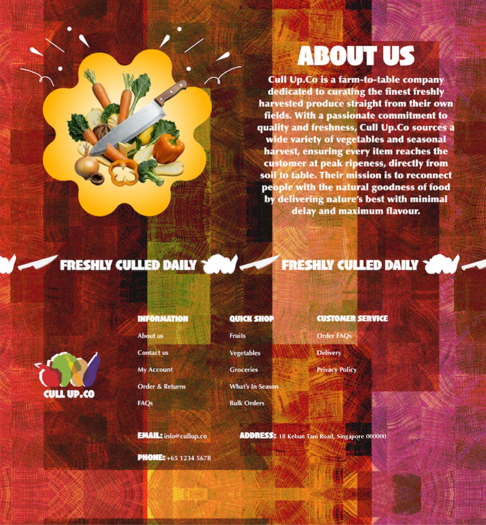 Website About Us page with a vegetable illustration and the footer links