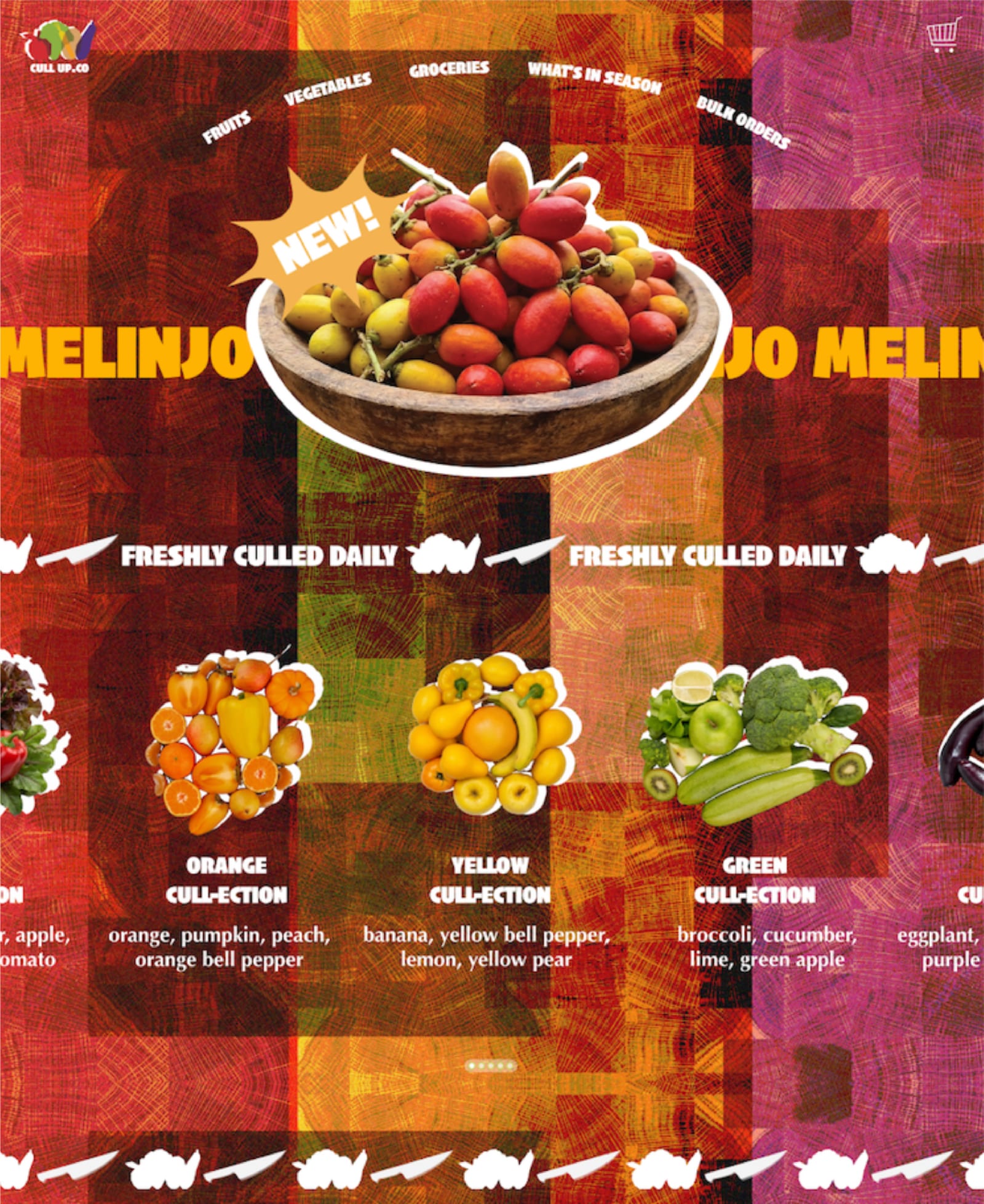 Website home page: a bowl of melinjo fruit marked ‘New!’ and colour-coded produce collections