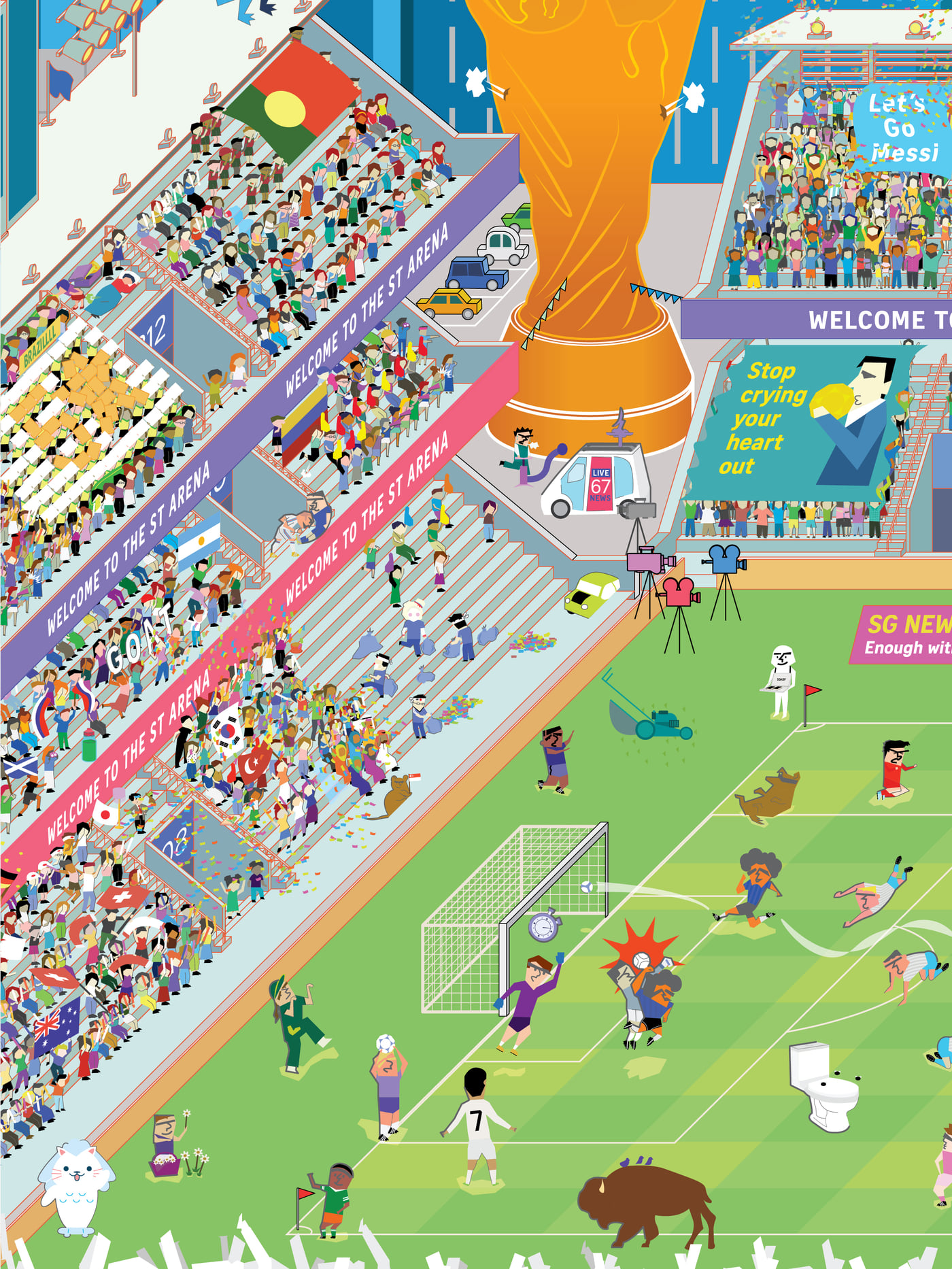 Close-up of the print: the World Cup trophy, stands and a goal-mouth scramble