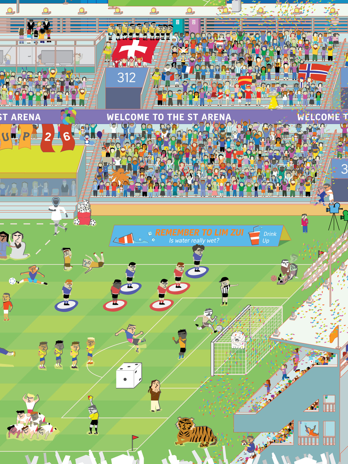 Close-up of the print: crowded stands, players on the pitch and a tiger by the goal