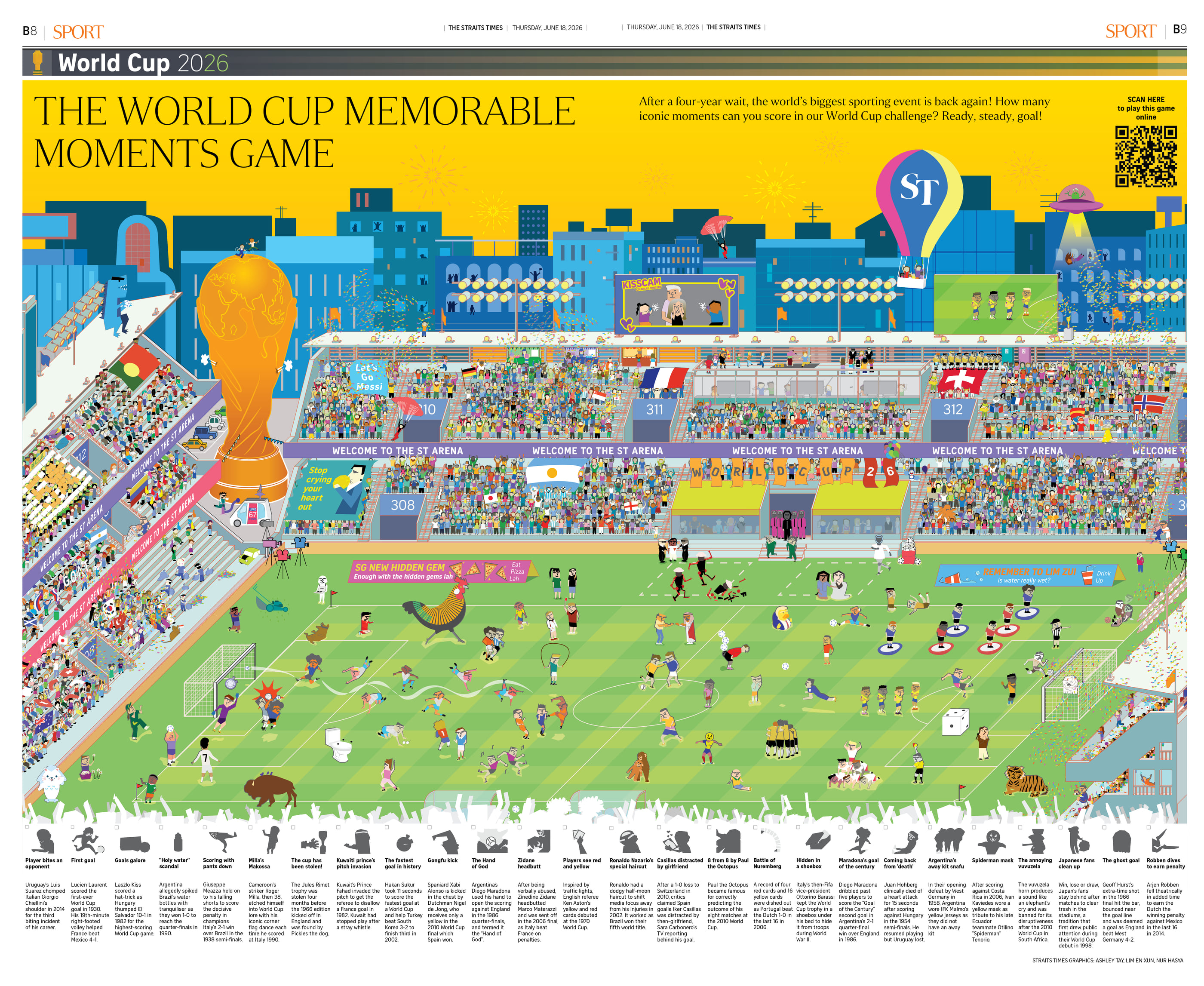 The World Cup Memorable Moments Game — a full newspaper spread of an illustrated stadium packed with fans and players