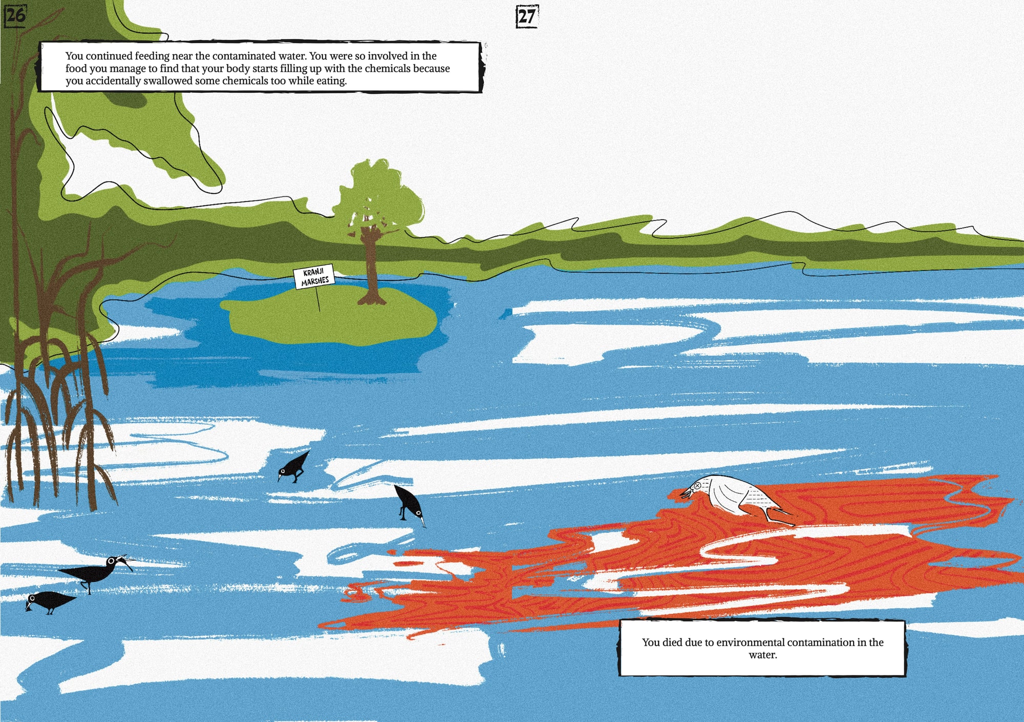 Booklet spread: a death scene drawn in red, the bird caught in contamination in the water
