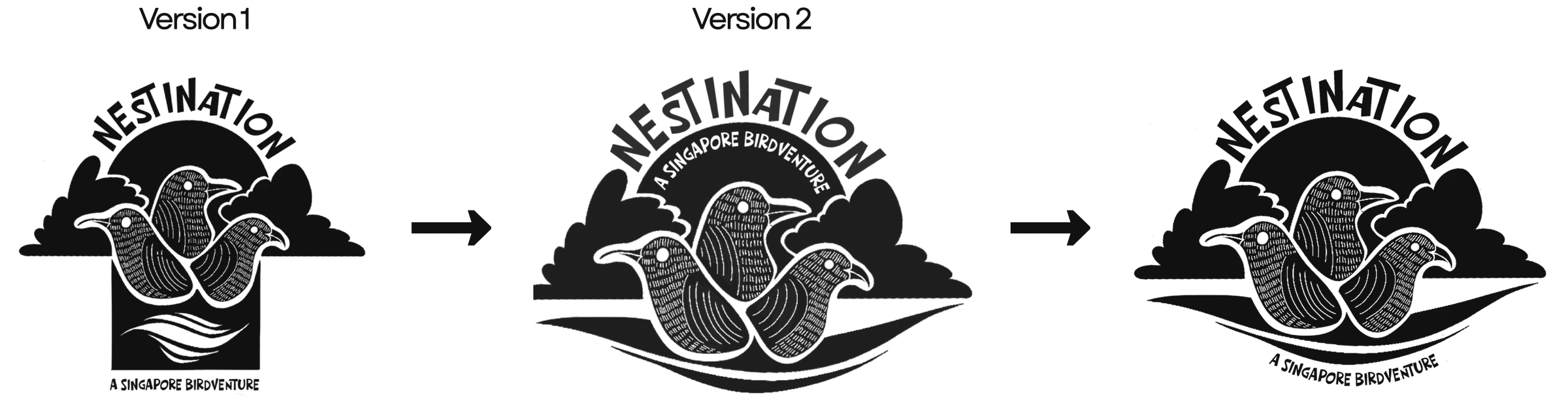 The Nestination logo: Version 1 and Version 2 leading to the final logo, all at the same size