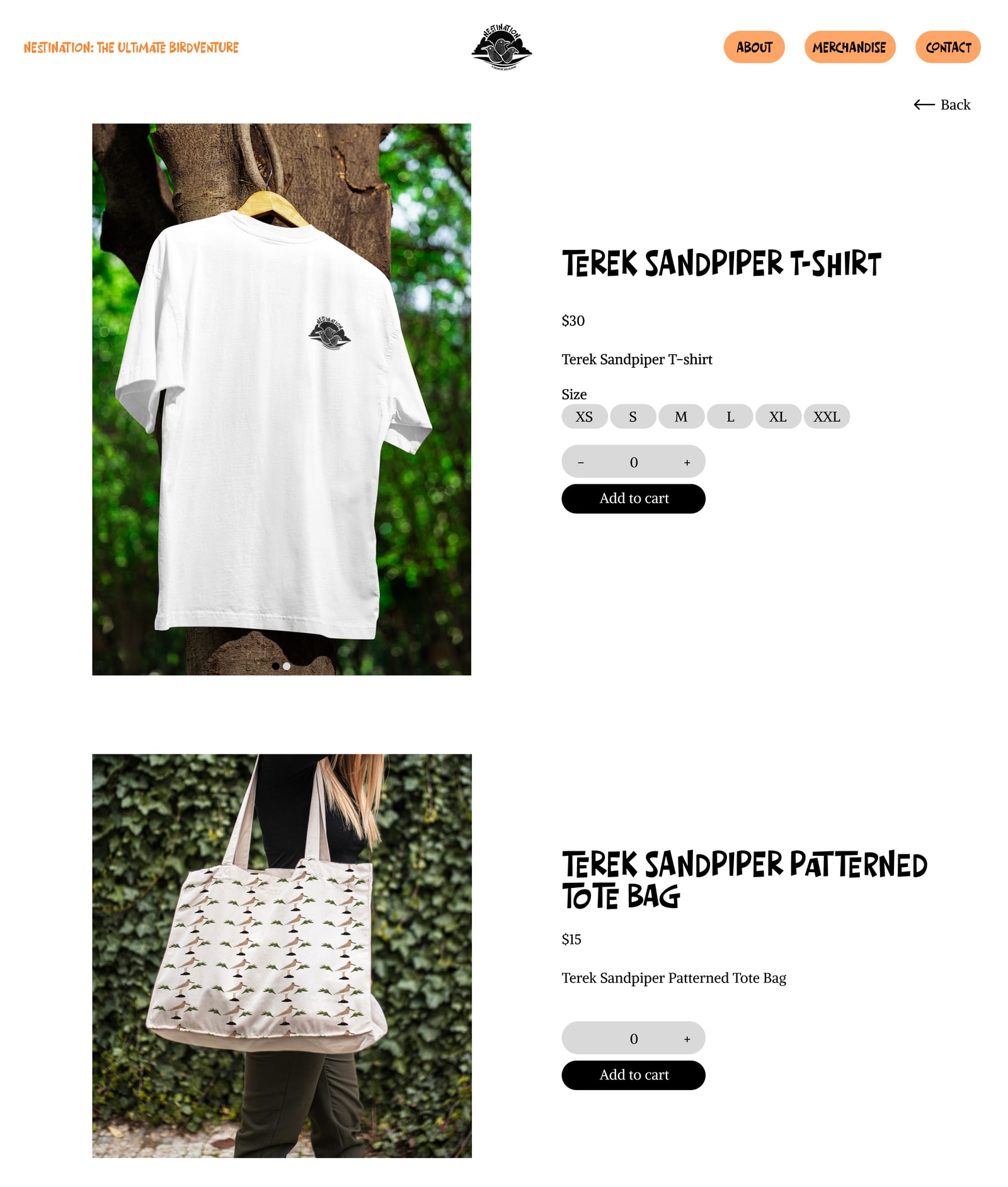 Shop page: a Terek Sandpiper T-shirt and a patterned tote bag, photographed outdoors