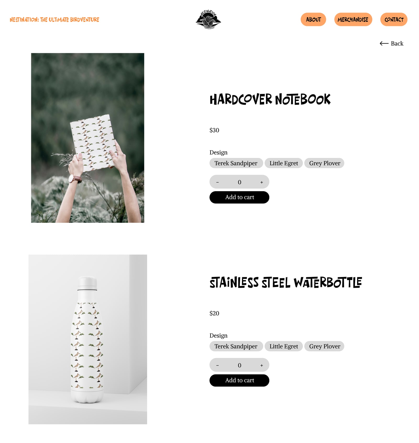 Shop page: a patterned hardcover notebook and stainless steel water bottle