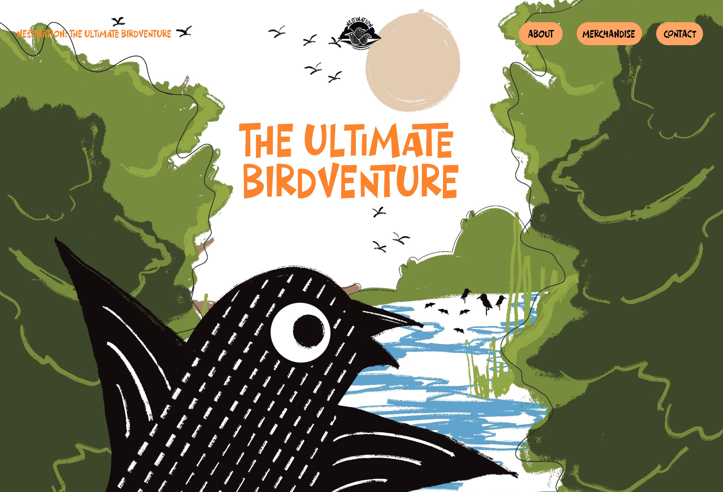The website’s landing page, ‘The Ultimate Birdventure’, with a bird in awe at the start of its adventure