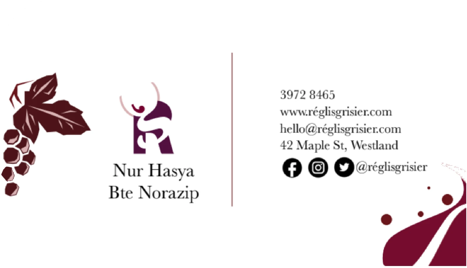 Business card front with Nur Hasya Bte Norazip’s name, contact details, a grapevine and the RG mark