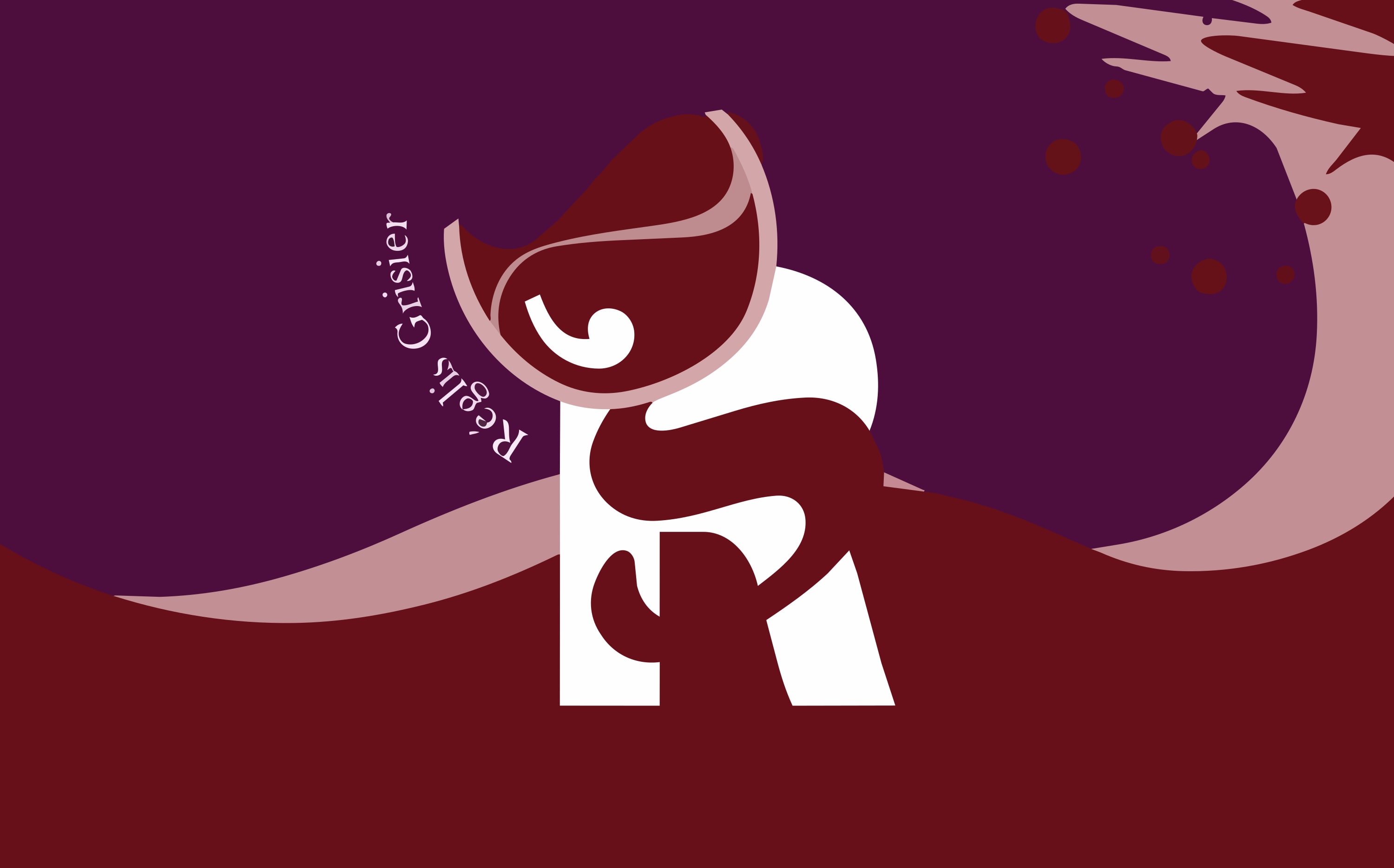 RÉGLIS GRISIER mark: a white letter R wrapped by a swirl of red wine, with a tilted glass on top and “Réglis Grisier” curving beside it, over waves of purple, pink and deep red