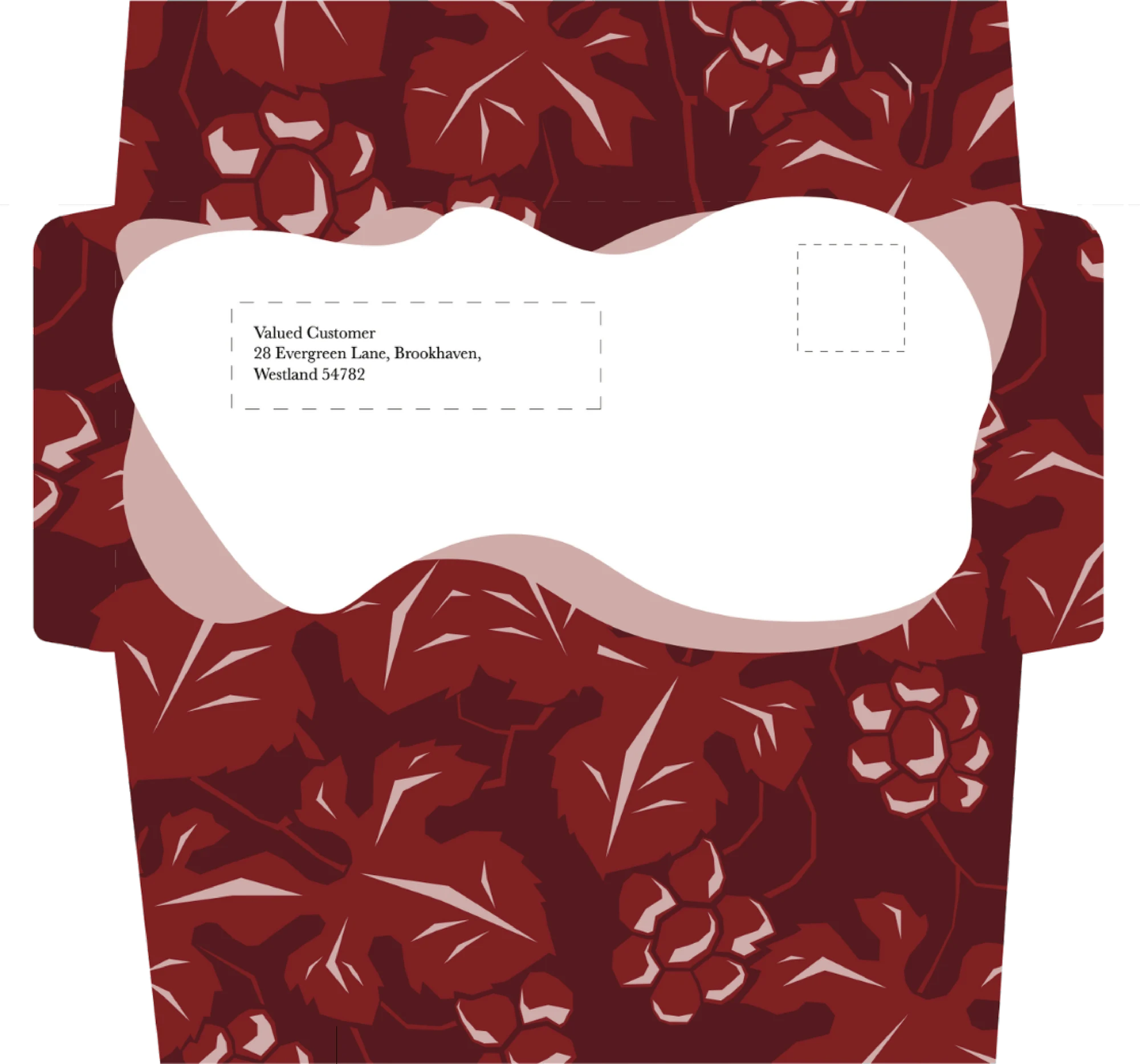 Envelope with a cut-out window and a deep red grape-leaf pattern