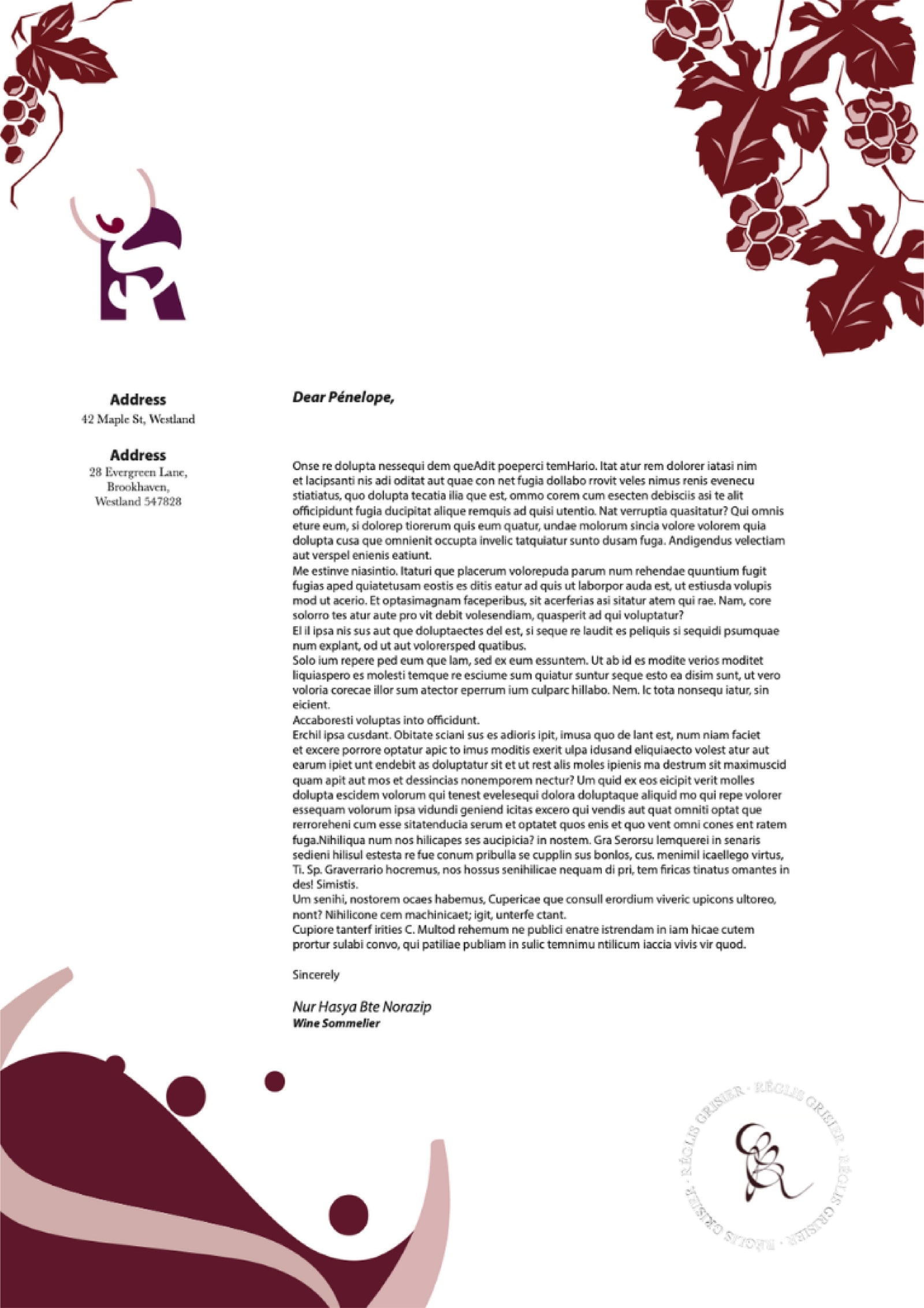 Letterhead: a letter to Pénélope from the wine sommelier, framed by grapevine illustrations, the RG mark and a wine wave