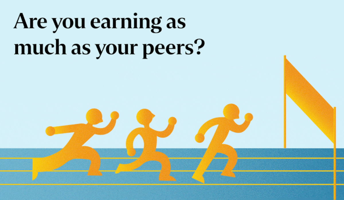 Illustration asking “Are you earning as much as your peers?”, with three yellow runners racing along a blue track towards a finish flag