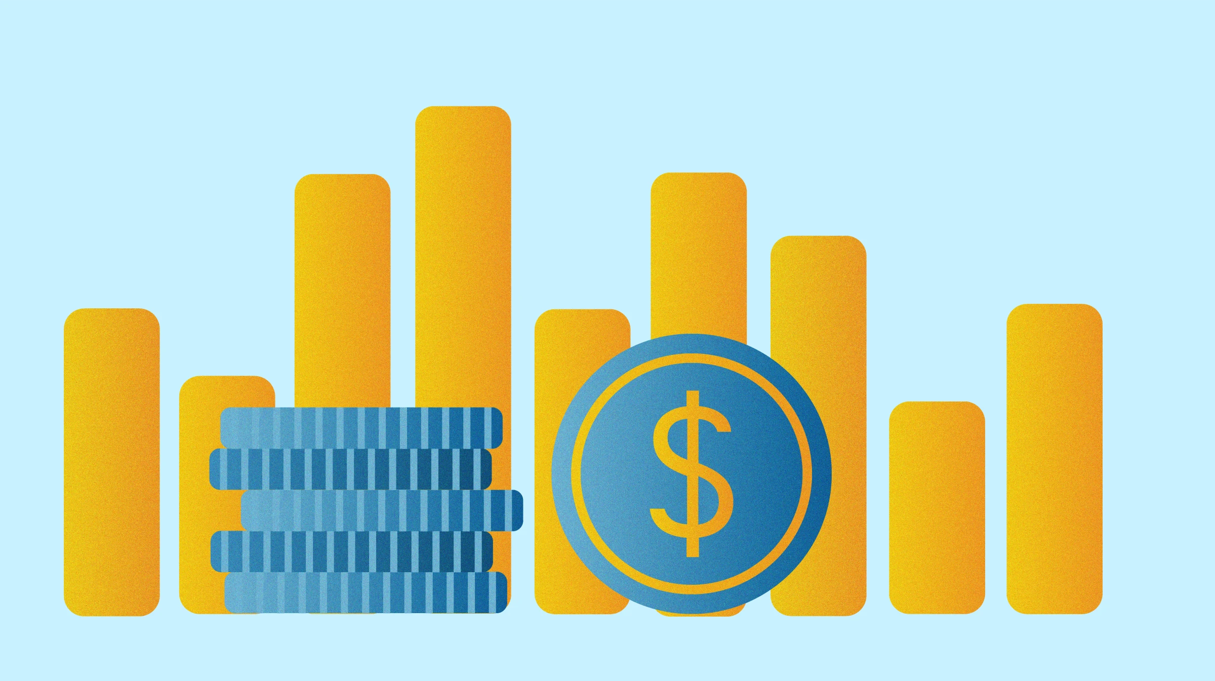 Snapshot of the motion graphic: golden bar-graph columns with a stack of blue coins and a blue dollar coin