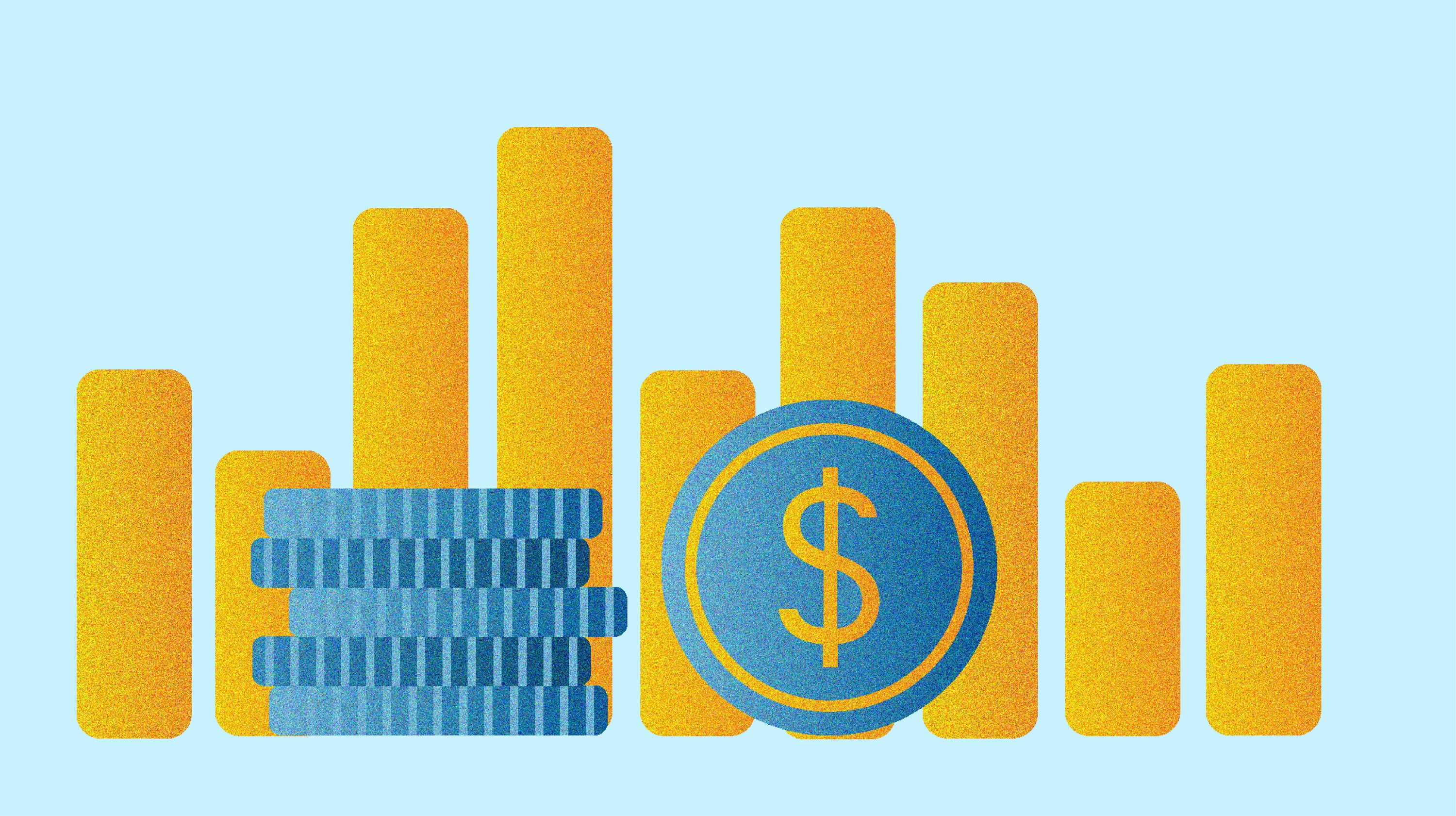Illustration of golden bar-chart columns on a light blue background, with a stack of blue coins and a blue dollar coin in front