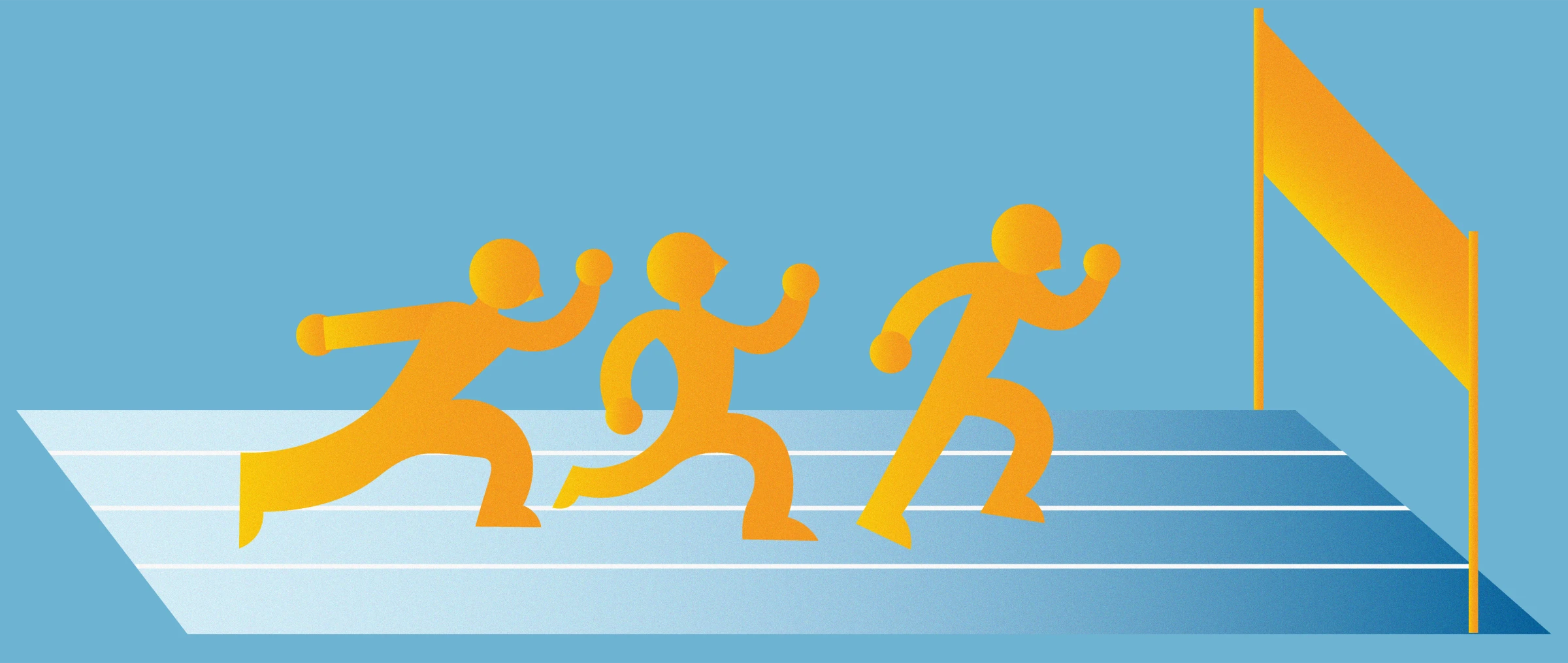 Snapshot of the motion graphic: three yellow figures running along a blue track towards a finish flag