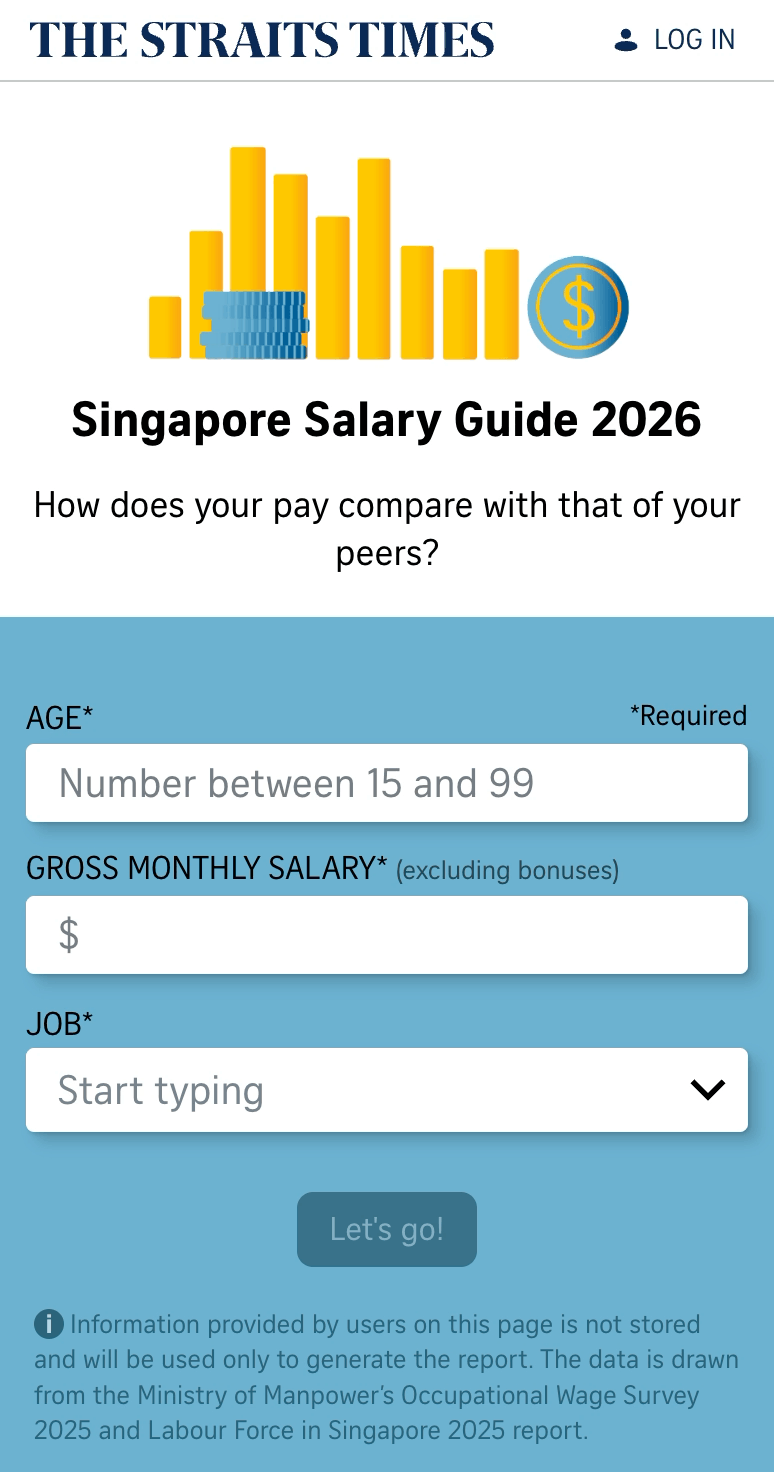Screen recording of the Singapore Salary Guide 2026 on a phone: the dollar coin spins beside the bar graph above the age, salary and job form