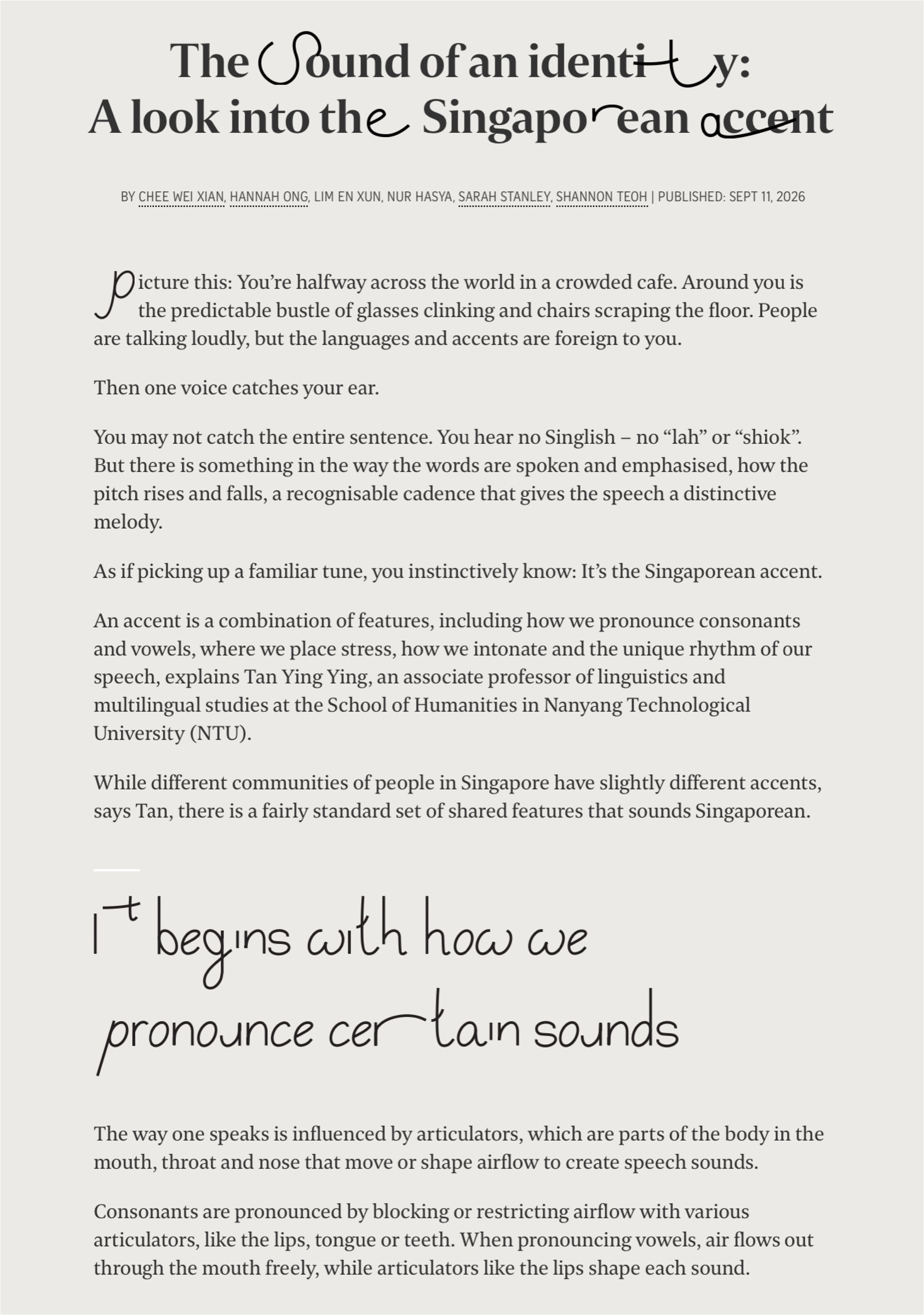 Opening page of the article, with the headline set in typography that stretches and drops letters like the accent