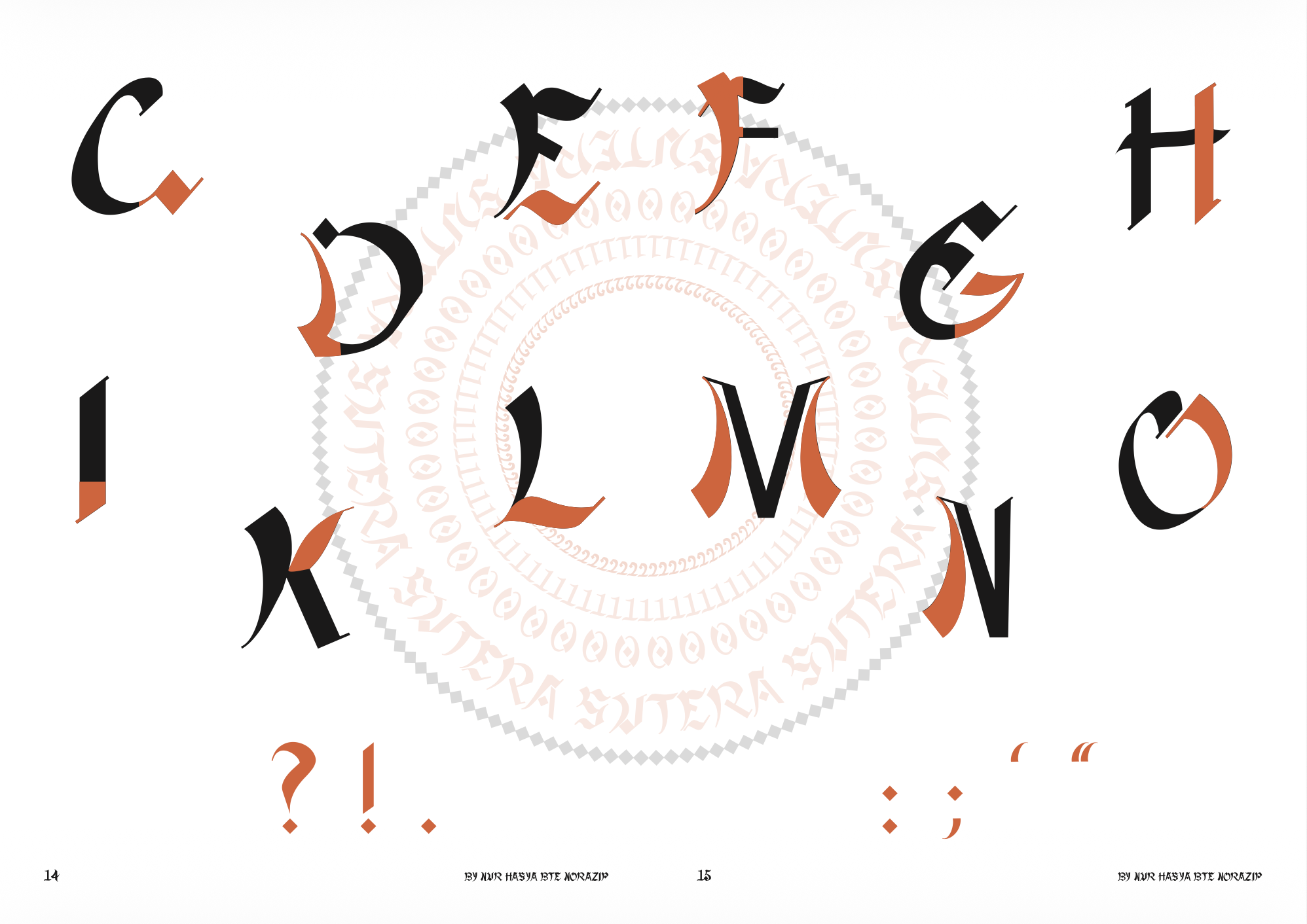 Typeface specimen spread for “Sutera”, showing blackletter-inspired letters in black and orange over a circular pattern